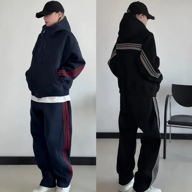 秋季爆款三条杠拼接休闲运动套装男士时尚重磅连帽卫衣休闲两件套