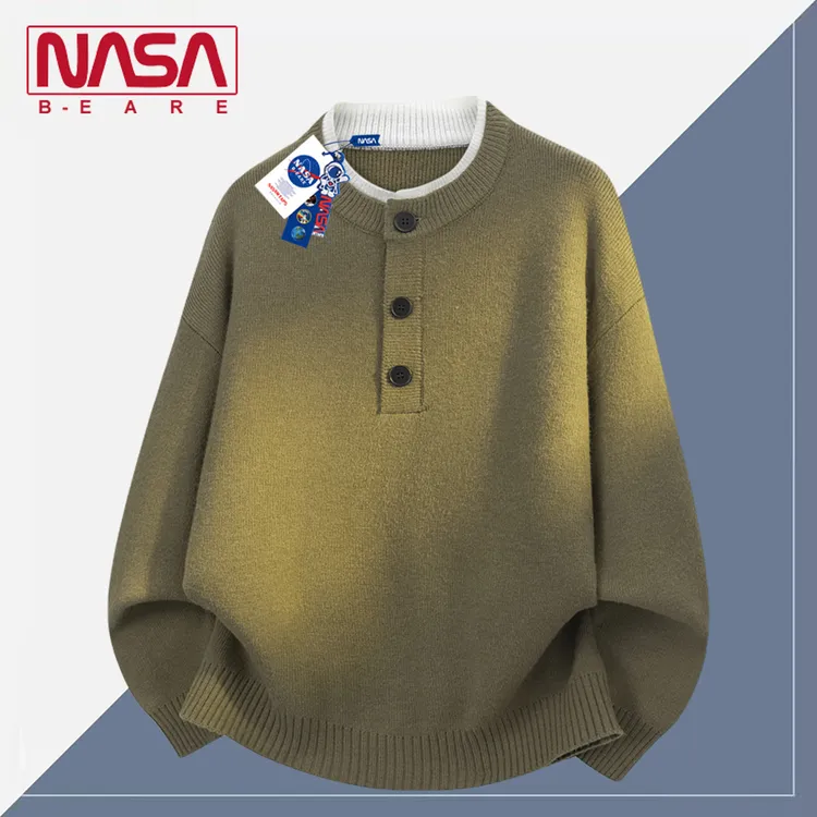 NASA联名美式假两件设计亨利领针织衫毛衣男秋季情侣慵懒休闲上衣