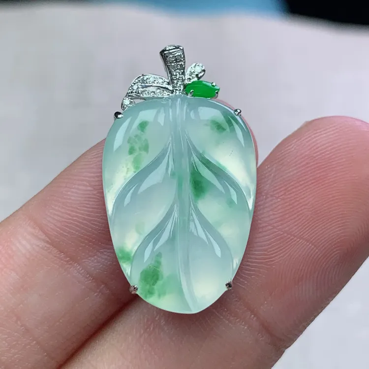 l缅甸天然翡翠A货27.9-16-5玉石18k金镶嵌冰种飘绿花叶子吊坠礼物