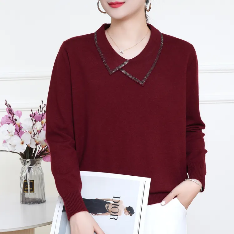 秋冬新款高档时尚洋气百搭针织衫V领烫钻纯色宽松减龄妈妈女装