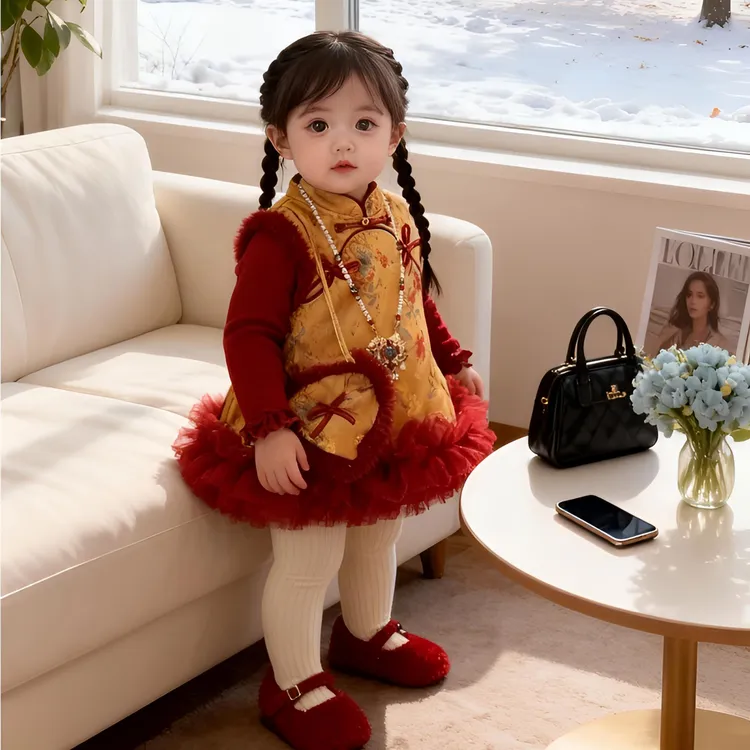 女童国风背心马甲冬装26新款周岁礼服小童女宝宝拜年服马甲夹棉服