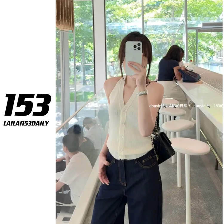 【153的日常】v领挂脖小上衣小个子设计感夏日通勤穿搭百搭25XS1524