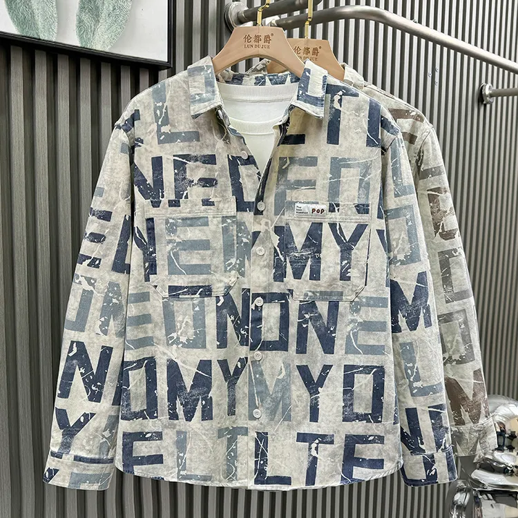 潮牌字母印花潮流衬衫男春秋新款翻领衬衣设计感满印休闲男士外套