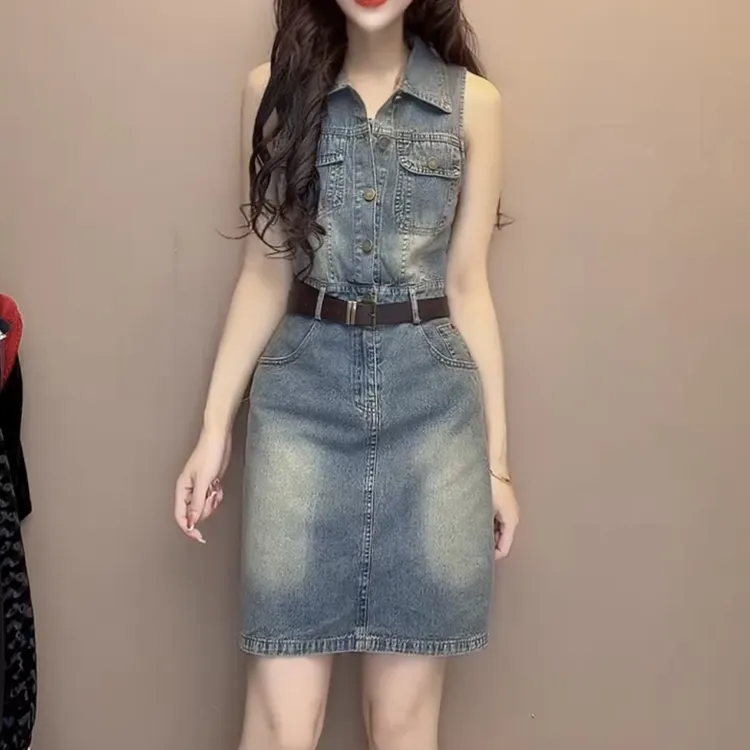 夏季无袖修身收腰翻领复古牛仔连衣裙美式风格显瘦洋气