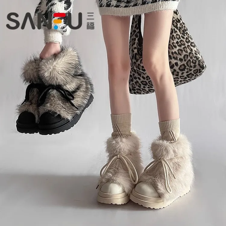 三福冬日暖炉毛毛防滑雪地靴女2025秋冬新款加绒加厚底短靴子棉鞋