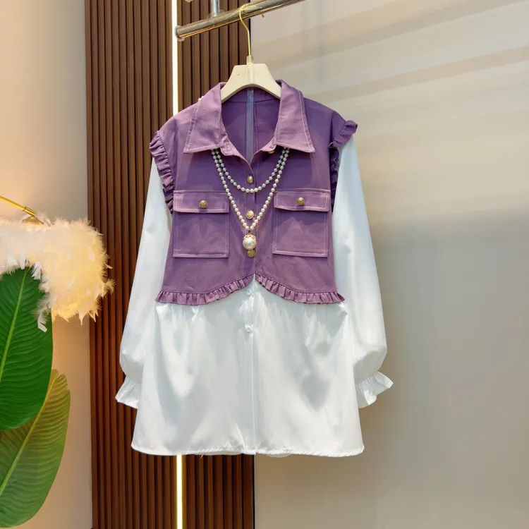 早春新款气质拼接美袖大兜纽扣潮流百搭衬衫
