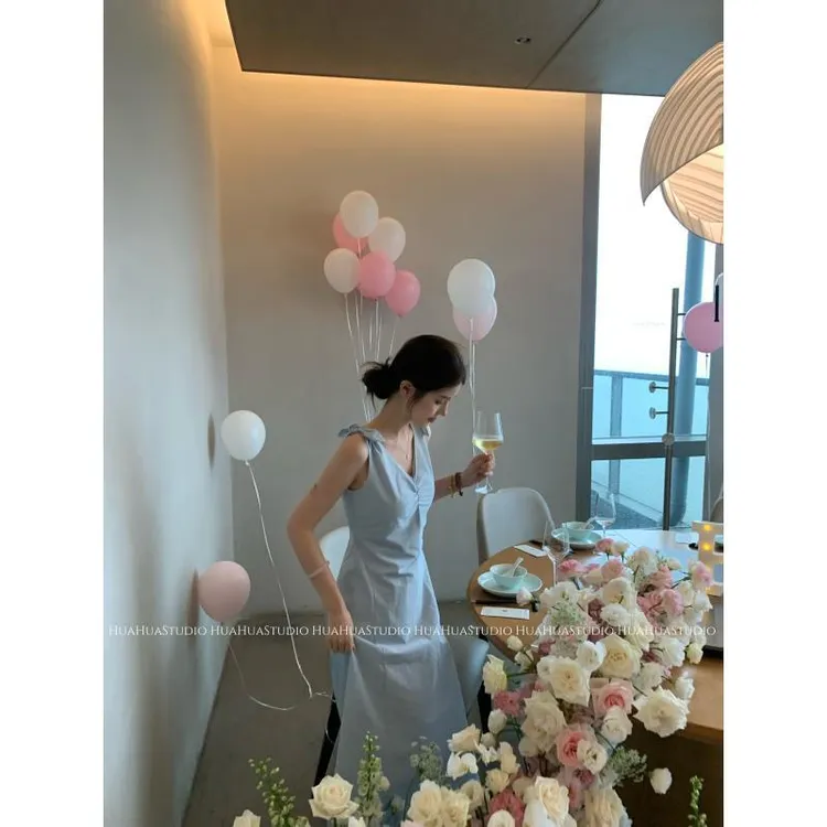 【花花】蓝梦岛~韩系简约百搭纯色V领蝴蝶结无袖显瘦连衣裙