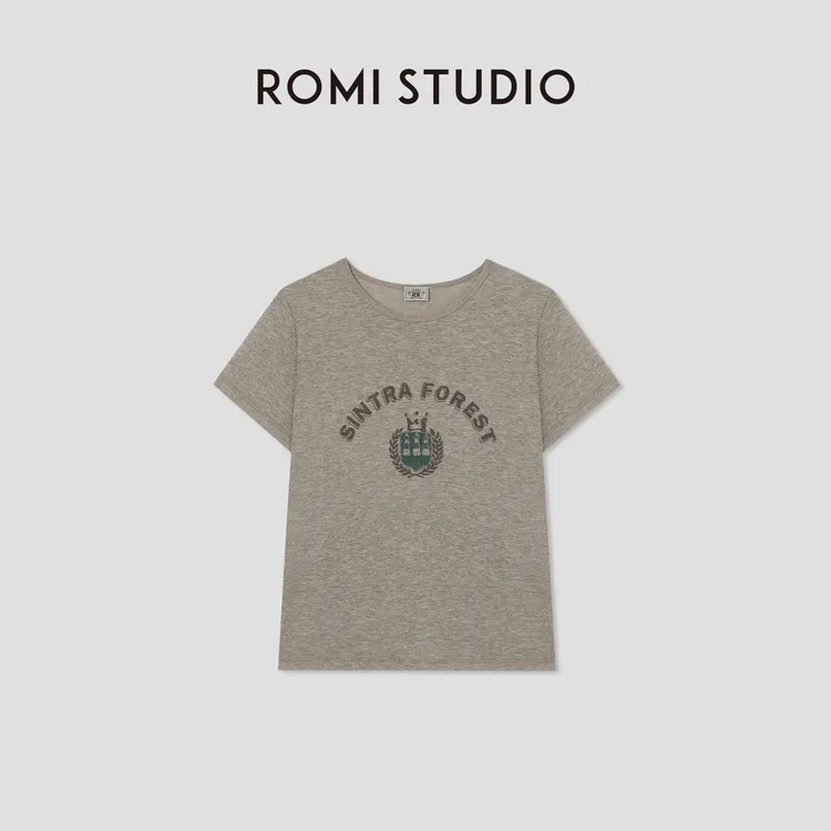ROMI STUDIO“美式复古”花纱棉字母印花轻薄圆领短袖T恤RWCSSM1607