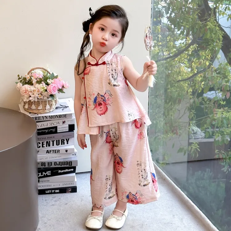 女童夏季新中式卡通盘扣两件套2025新款套装六一表演服童装潮