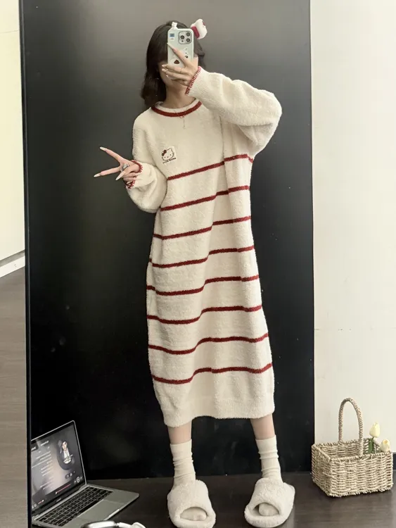 【DMXJ大梦想家】甜美可爱条纹半边绒睡衣秋冬季新款保暖家居服睡裙