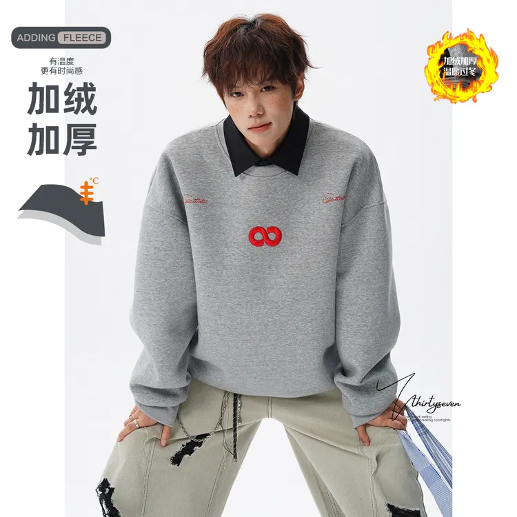 美式潮牌刺绣加绒保暖圆领卫衣男冬季重磅加厚麻灰色长袖套头上衣