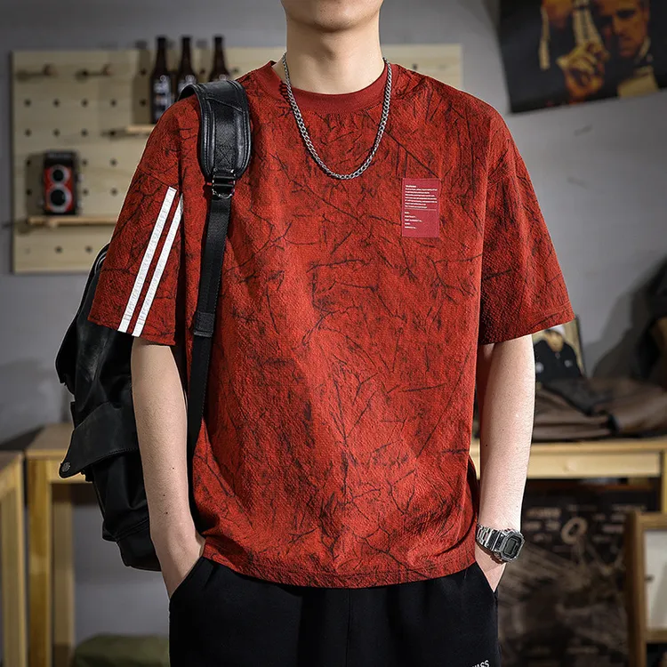 新款夏季高级红色男士短袖T恤美式潮牌大尺码半袖宽松休闲冰丝T恤