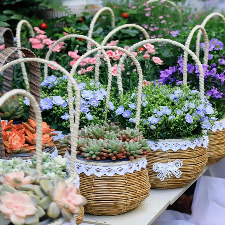 编织花边花篮手提鲜花草编竹编月子手工篮子儿童鸡蛋装饰家居花篮