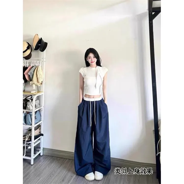 腰头拼色纸片裤直筒休闲裤女