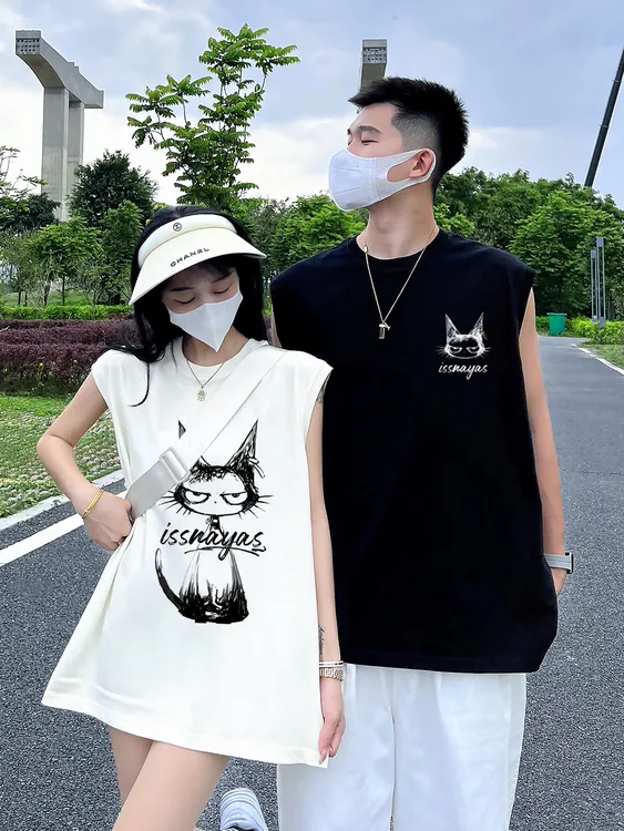 issnayas宽松潮流印花圆领夏季情侣韩版猫咪设计感ins背心小众