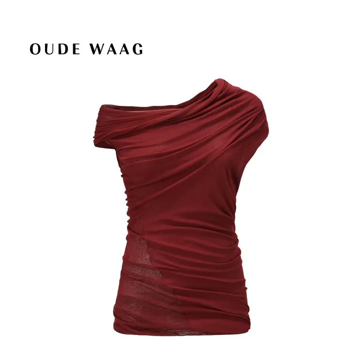 OUDE WAAG 25春夏 不对称全棉旋转拼接真丝网纱女装上衣