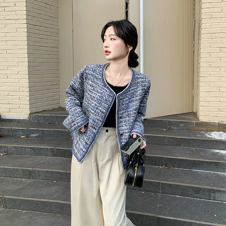 蓝色小香风粗花呢外套女春秋2025新款法式复古名媛气质短款上衣