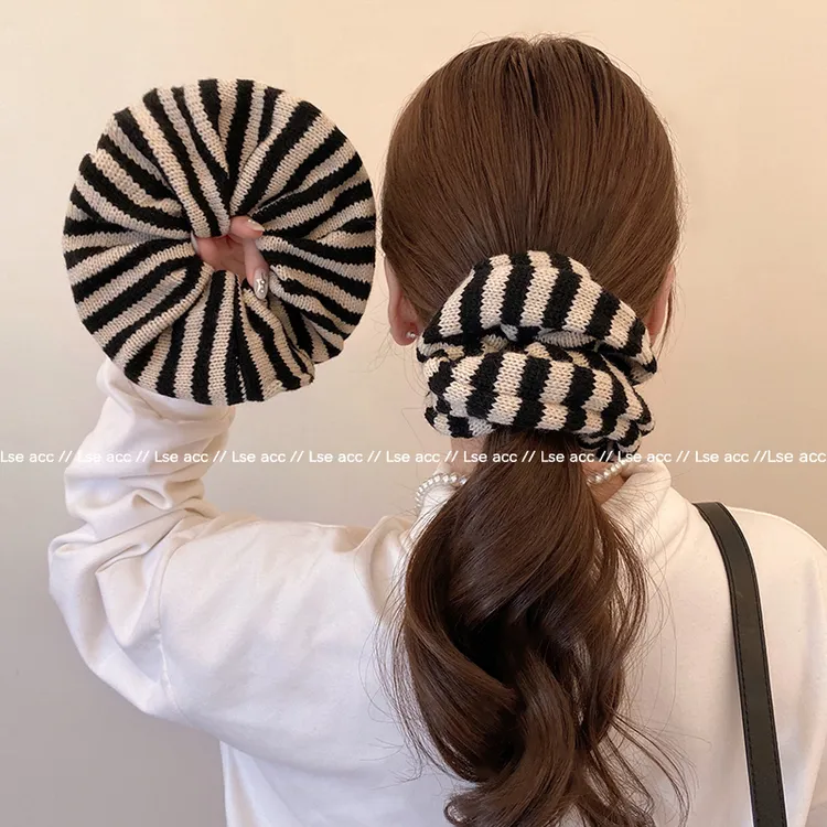 韩系简约秋冬条纹毛线大肠发圈女百搭气质扎丸子头发绳慵懒风头绳