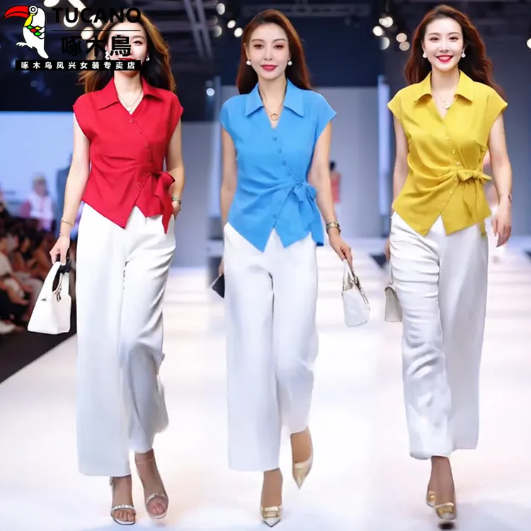 啄木鸟时尚套装女夏季新款洋气显瘦不规则短袖衬衫上衣阔腿裤气质