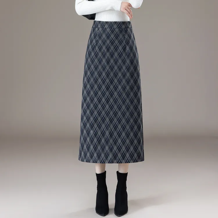格子毛呢半身裙女秋冬2025新款高腰显瘦中长款直筒开叉Aa字包臀裙
