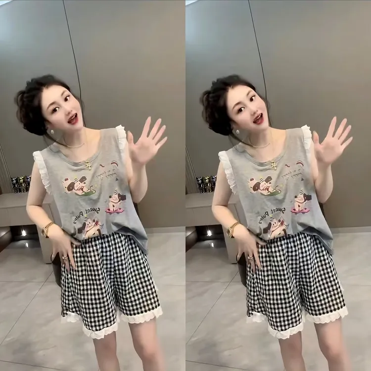 韩版夏季家居服套装女士新款时尚甜美宽松休闲卡通无袖短裤睡衣