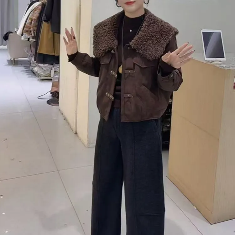 设计感时尚海军领短款外套高腰显瘦直筒裤2025年冬季新款气质套装