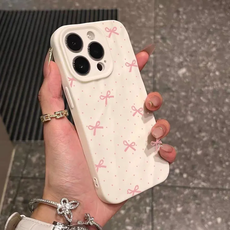 粉点点蝴蝶结苹果17PROMAX手机壳iPhone15防摔11/14可爱12/13创意