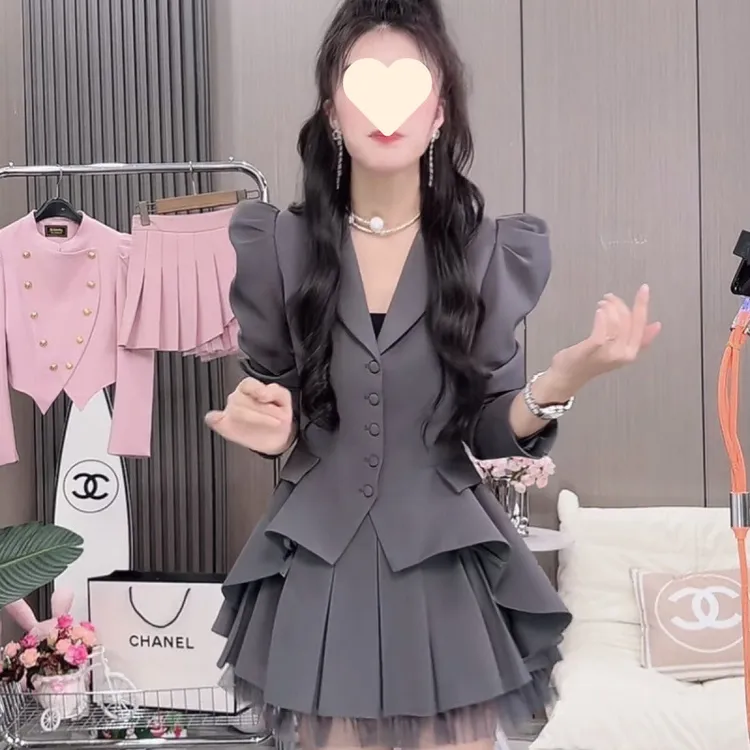 西装2025套装时尚新款小个子两件套百褶上衣高腰百褶裙半身裙