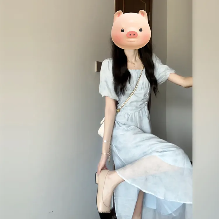 蓝色泡泡袖方领连衣裙子女装2024新款夏季小个子公主法式长裙3285