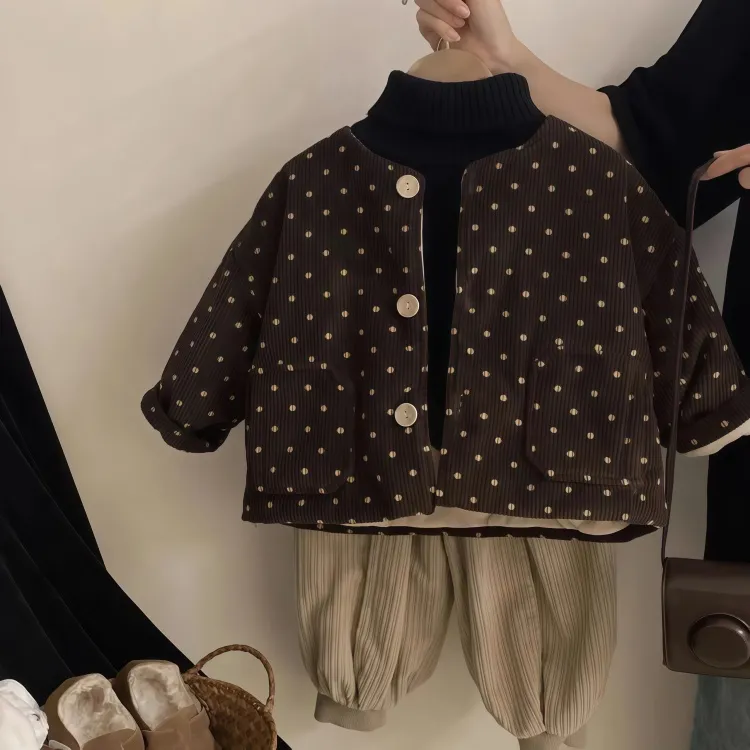 儿童韩版秋冬款加绒圆点外套2025新款女童中厚保暖二棉女宝宝棉服