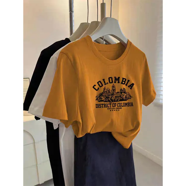 2025新款正肩圆领短袖t恤女装ins时尚百搭洋气南瓜橘色高级上衣夏