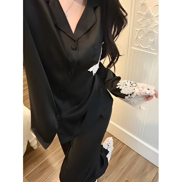 【纯欲黑色款】蕾丝拼接冰丝睡衣女2025年春夏季家居服套装可外穿