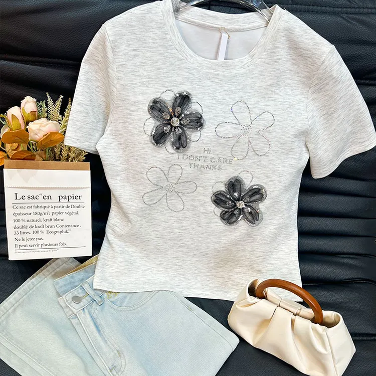 重工镶钻工艺3D圆领百搭T恤女生韩系ins衣服纯欲慵懒风女装3X531