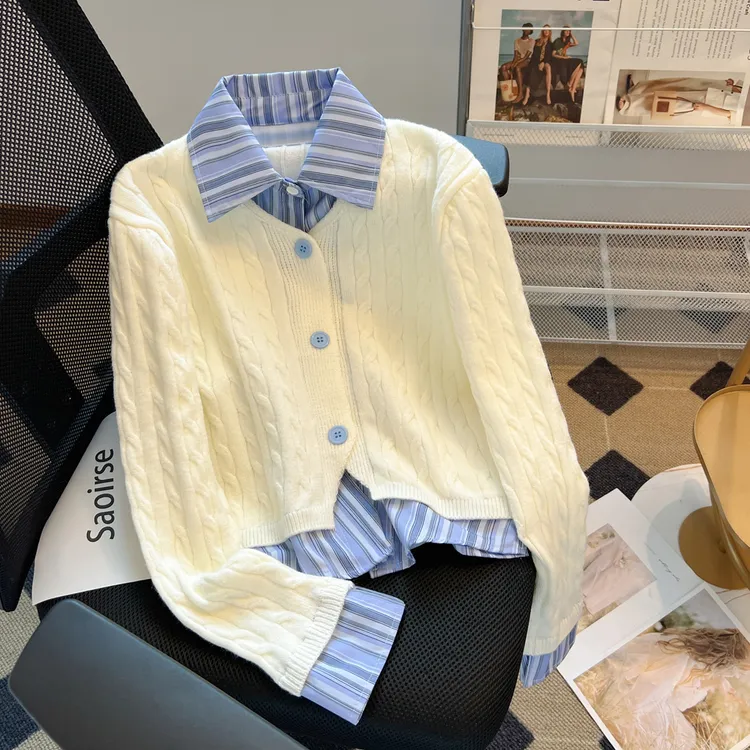 假两件条纹衬衫拼接V领毛衣女春秋设计感法式上衣小个子针织外套