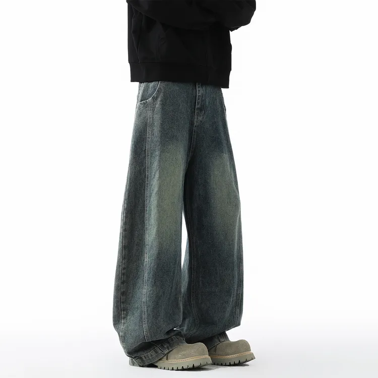 仓石一树潮牌美式复古高街阔腿牛仔裤男士秋冬加绒痞帅直筒休闲裤