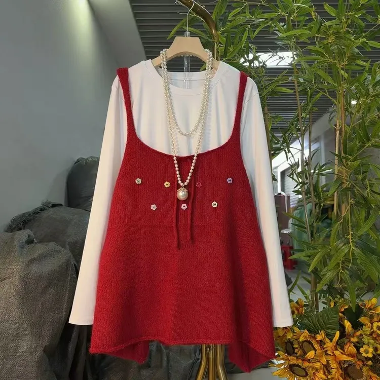 欧货减龄针织吊带红色搭配小衫套装微胖女装洋气时尚新款8715