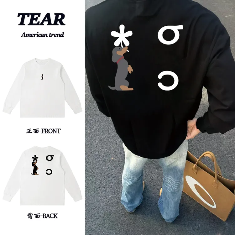 美式重磅纯棉字母狗狗印花长袖T恤宽松百搭ootd时尚潮流男女同款