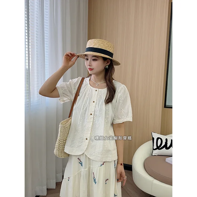 【方糖扣】法式圆领重工刺绣单排扣衬衫宽松显瘦休闲短袖上衣女夏薄