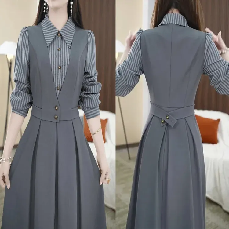 时尚假两件长袖连衣裙2026春季新款气质收腰显瘦条纹拼接休闲裙子
