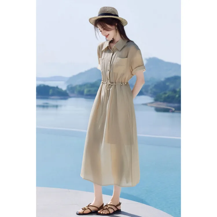 轻薄串珠连衣裙女2025夏季新款休闲通勤垂感衬衫裙