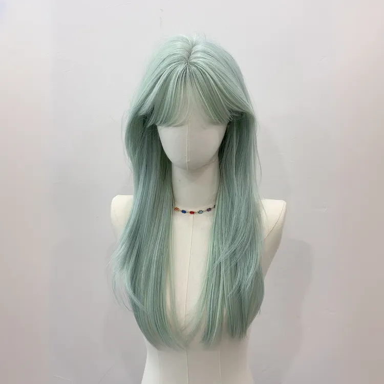 【绿色精灵】薄荷绿假发女长发夏季齐刘海显白长直发女款全头套推荐