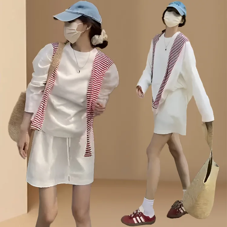 条纹披肩纯色套头卫衣套装春夏季小个子学院风减龄运动休闲两件套