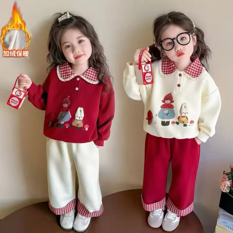 【加绒加厚】女童2025新款秋冬加绒卫衣裤套装女宝冬装卡通时尚套装