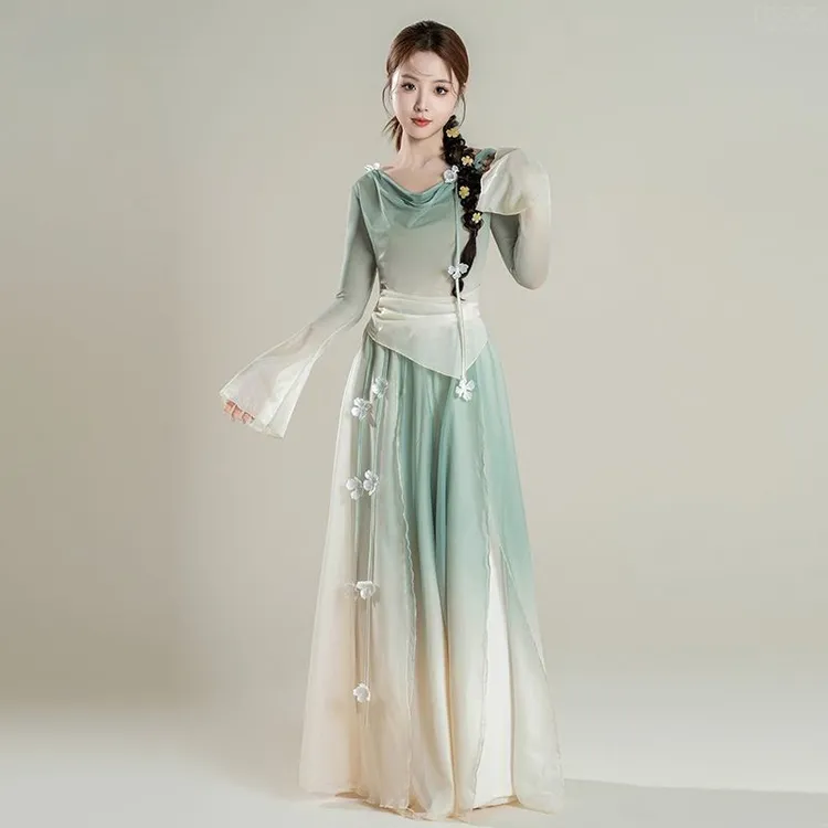 舞蹈服古典舞飘逸身韵仙气渐变练功服纱衣裙裤中国舞古风演出弹力