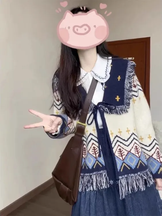 2025秋季装搭配一整套女毛衣外套衬衫半身裙民族风复古三件套装女