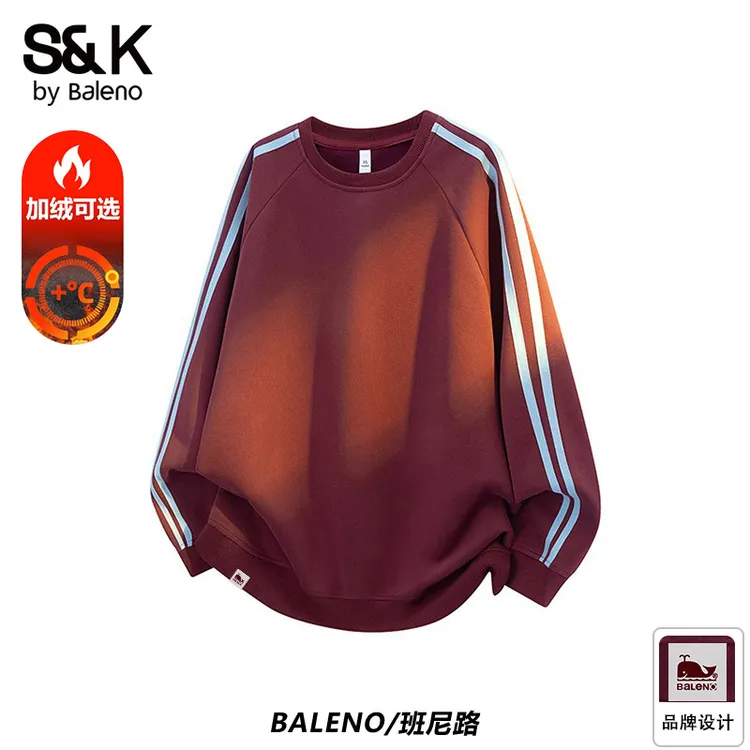 班尼路SK美式条纹圆领卫衣男士秋冬季潮牌宽松运动套头打底衫上衣