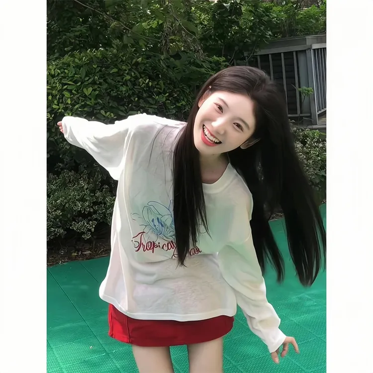 【运补6】夏季新款印花白色罩衫正肩长袖宽松t恤红色假日短裙裤半裙