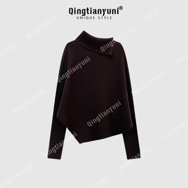 设计感蝙蝠袖毛衣女休闲简约不规则翻领小众时尚宽松气质斗篷针织
