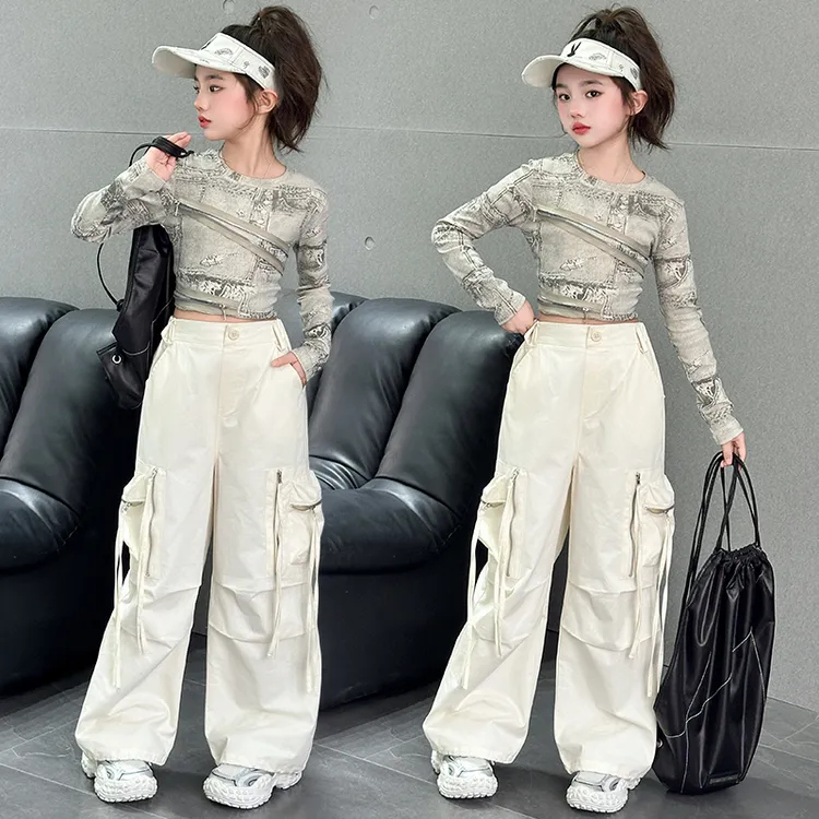 女童运动工作裤套装春季新款6-12岁小女孩洋气时髦打底衫两件套