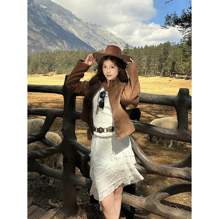 美式复古短款麂皮绒外套女秋季新款设计感小众短款飞行服夹克上衣